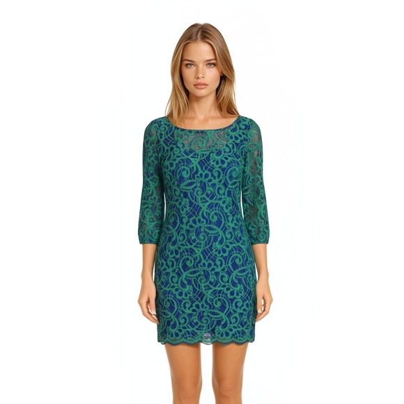 Lilly Pulitzer Dresses & Skirts - Lilly Pulitzer Women's Size 6 Green Blue Floral Lace Sheath Dress 3/4 Sleeve